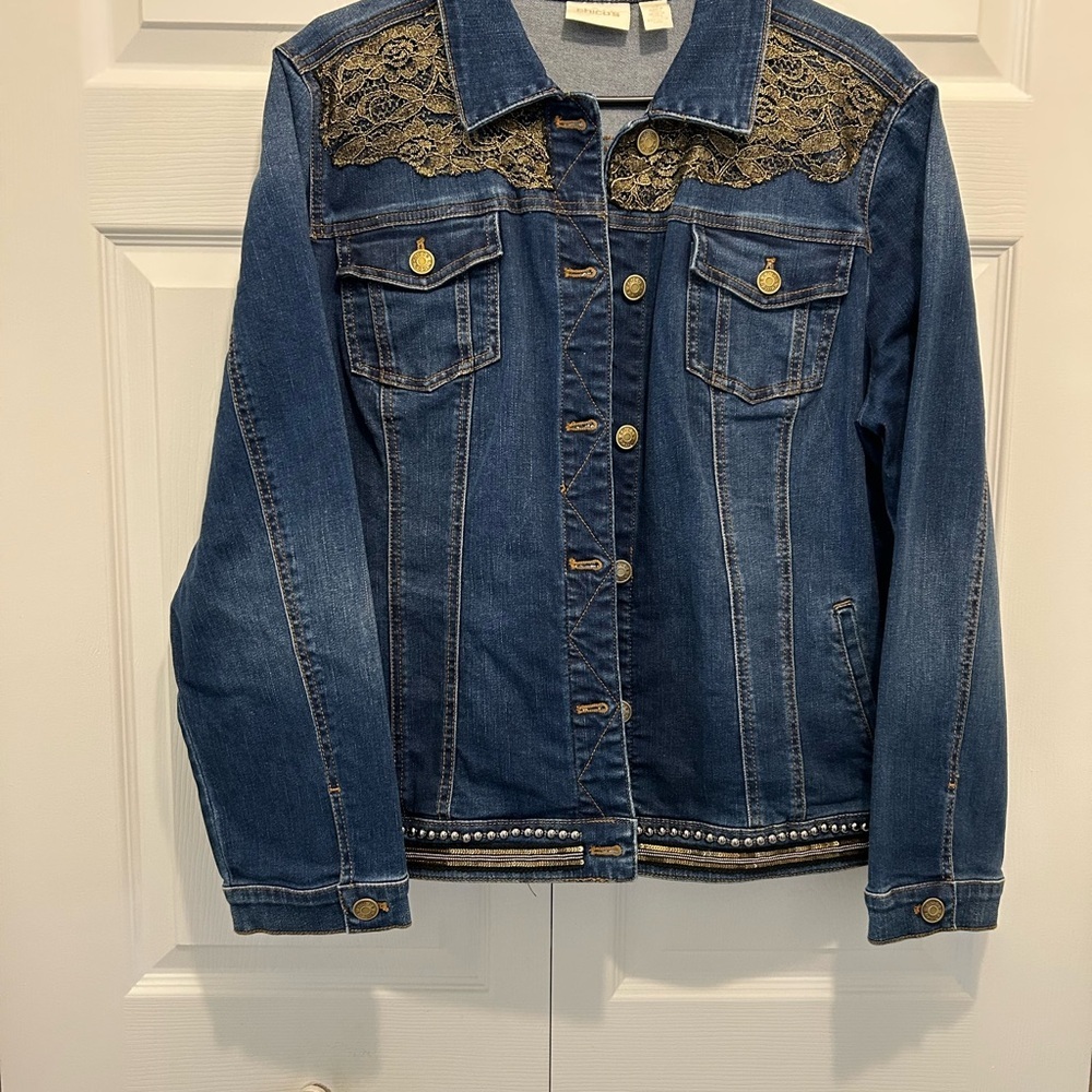 Chico Denim Jacket with Lace Detail Size 3=XL 16 Women Western festive. Preloved